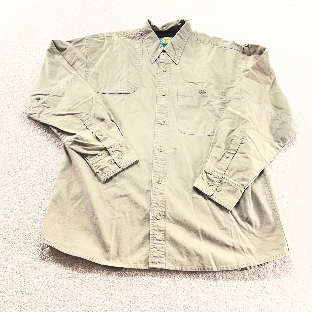 Cabelas Shooting Shirt Mens Large Khaki‎ Quilted Shoulder Hunting Button Down